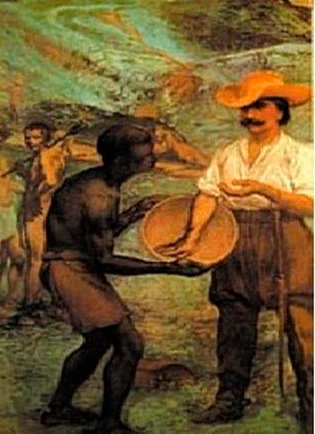 Escravo e senhor na mineração: o chicote não era a única forma de incentivo ao trabalho. Fonte: http//:www.portaldoprofessor.mec.gov.br 