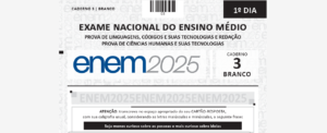 Capa do Enem com design oficial do exame, destacando o título e a identidade visual da prova e a nota dos treineiros