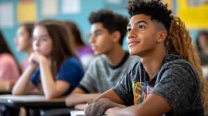 Estudante em destaque em sala de aula com outros estudantes ao fundo desfocados